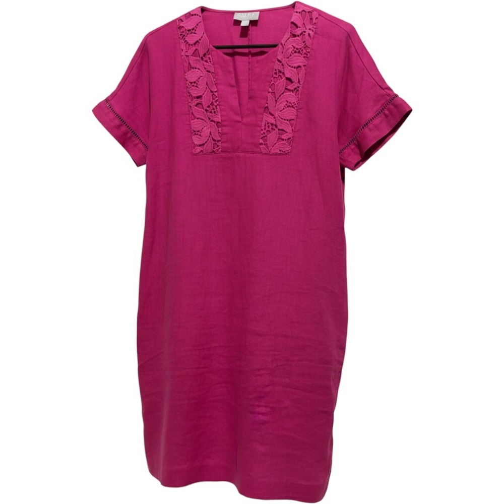 Pure Collection Magenta Pink 100% Linen Lace Trim Shift Dress sz 4 lagenlook